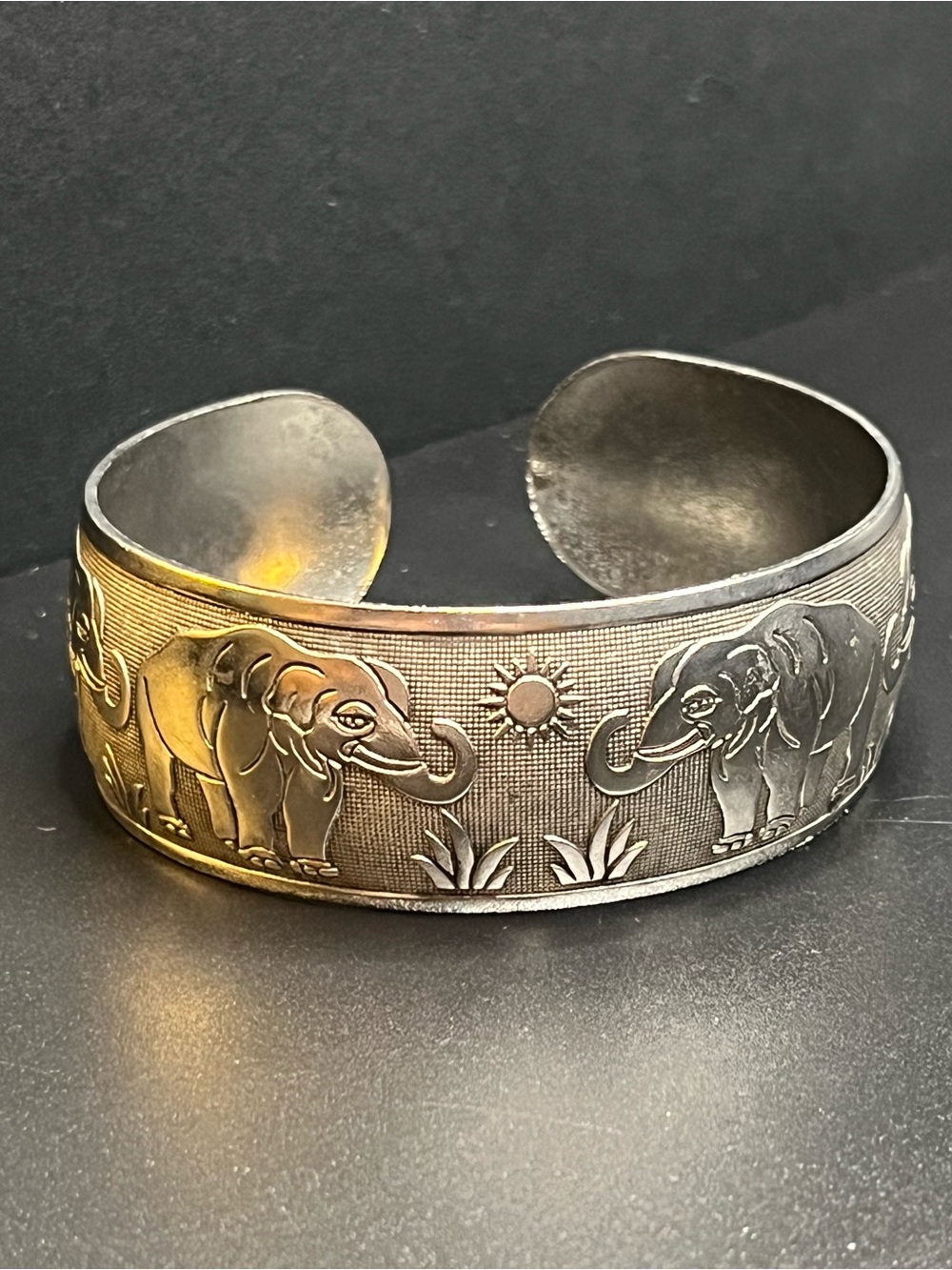 Vintage Elephant Wide Cuff Bracelet Silver Tone Boho Statement